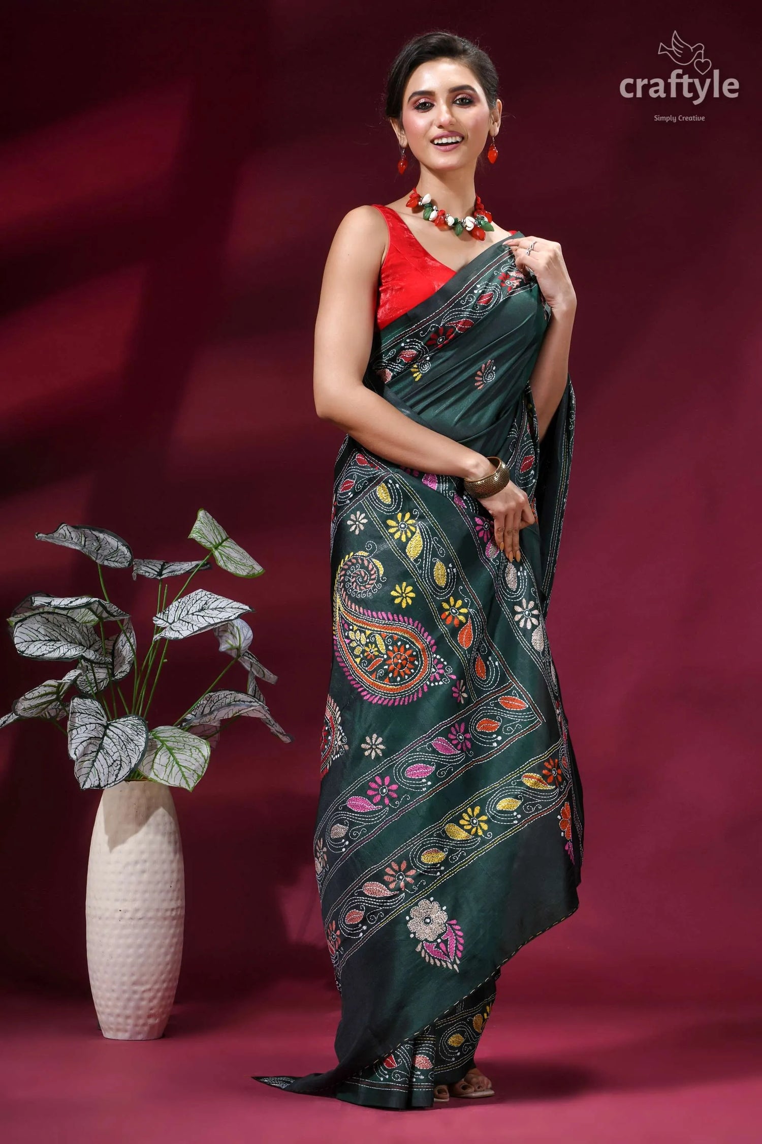 Classic hand embroidery silk kantha work saree - plantation green dark green silk saree intricate 4