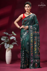 Classic hand embroidery silk kantha work saree - plantation green emerald green silk saree intricate 1