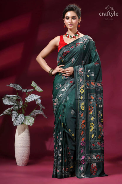Classic hand embroidery silk kantha work saree - plantation green emerald green silk saree intricate 1