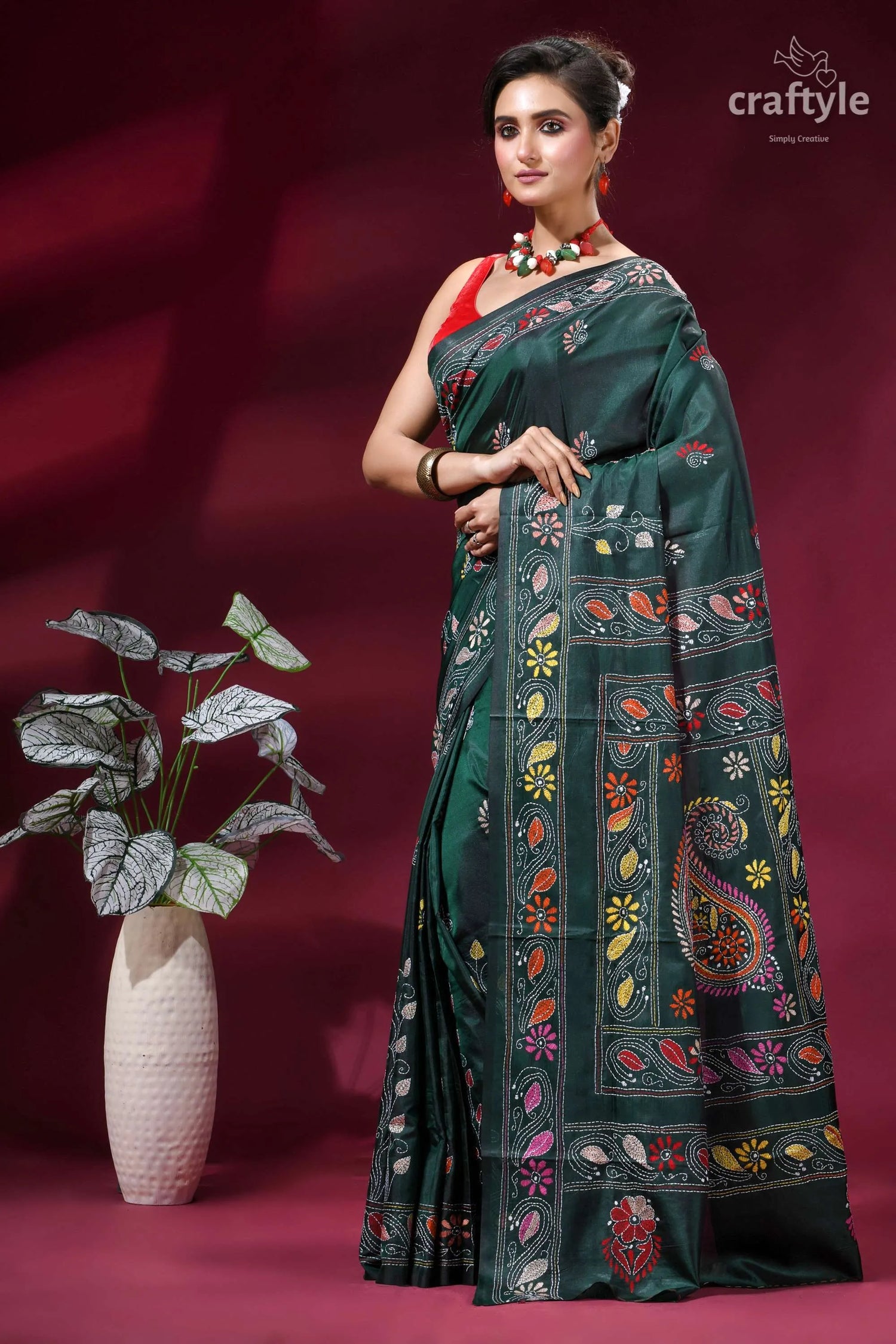 Classic hand embroidery silk kantha work saree - plantation green dark green silk saree intricate 3