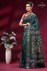 Classic hand embroidery silk kantha work saree - plantation green dark green silk saree intricate 3