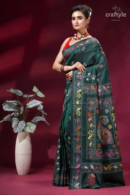 Classic hand embroidery silk kantha work saree - plantation green dark green silk saree intricate 3