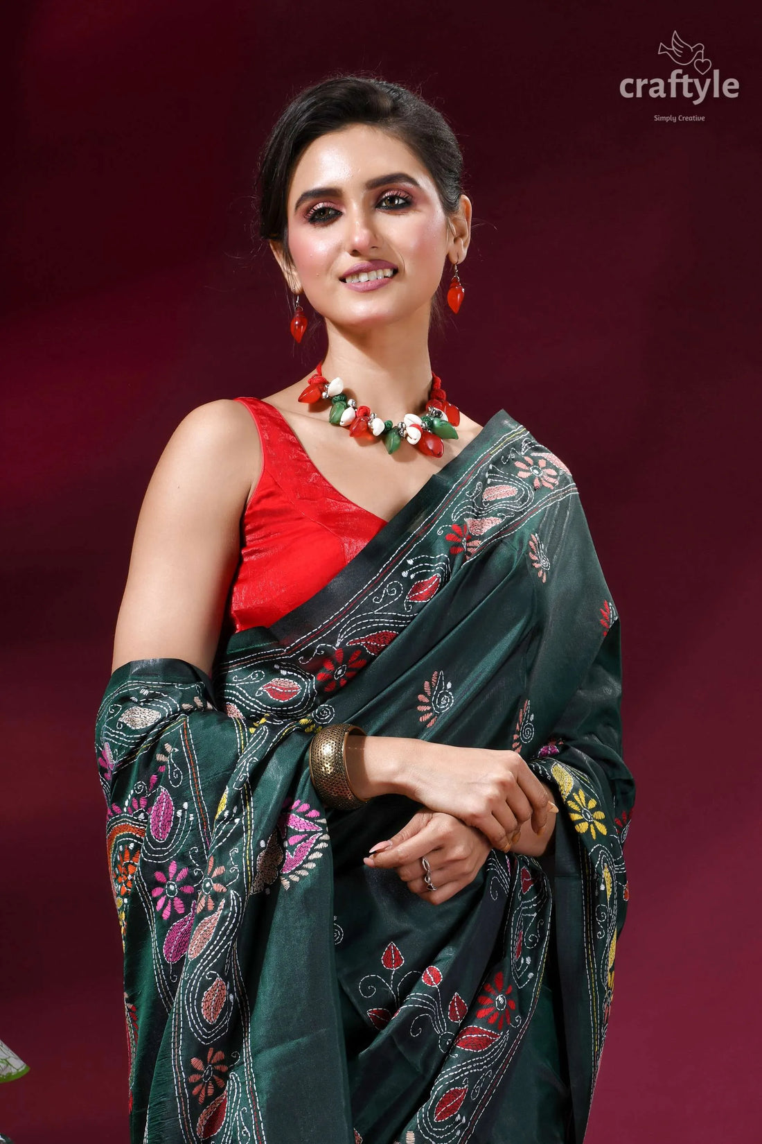 Classic hand embroidery silk kantha work saree - plantation green dark green silk saree intricate 2