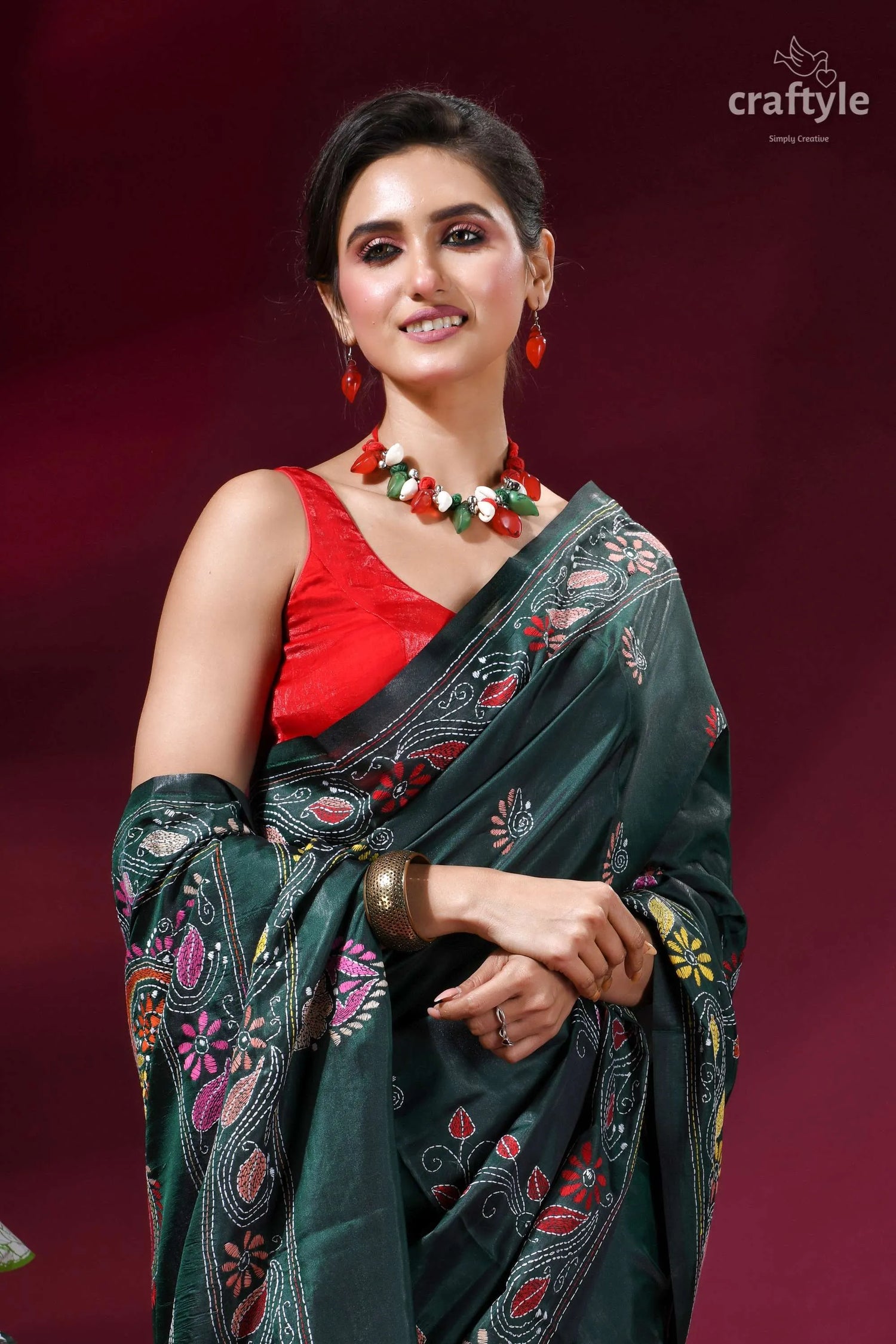 Classic hand embroidery silk kantha work saree - plantation green dark green silk saree intricate 2