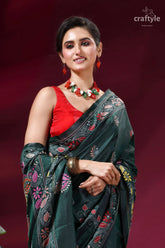 Classic hand embroidery silk kantha work saree - plantation green dark green silk saree intricate 2