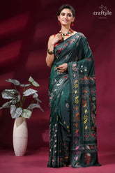 Classic hand embroidery silk kantha work saree - plantation green deep green silk saree intricate 6