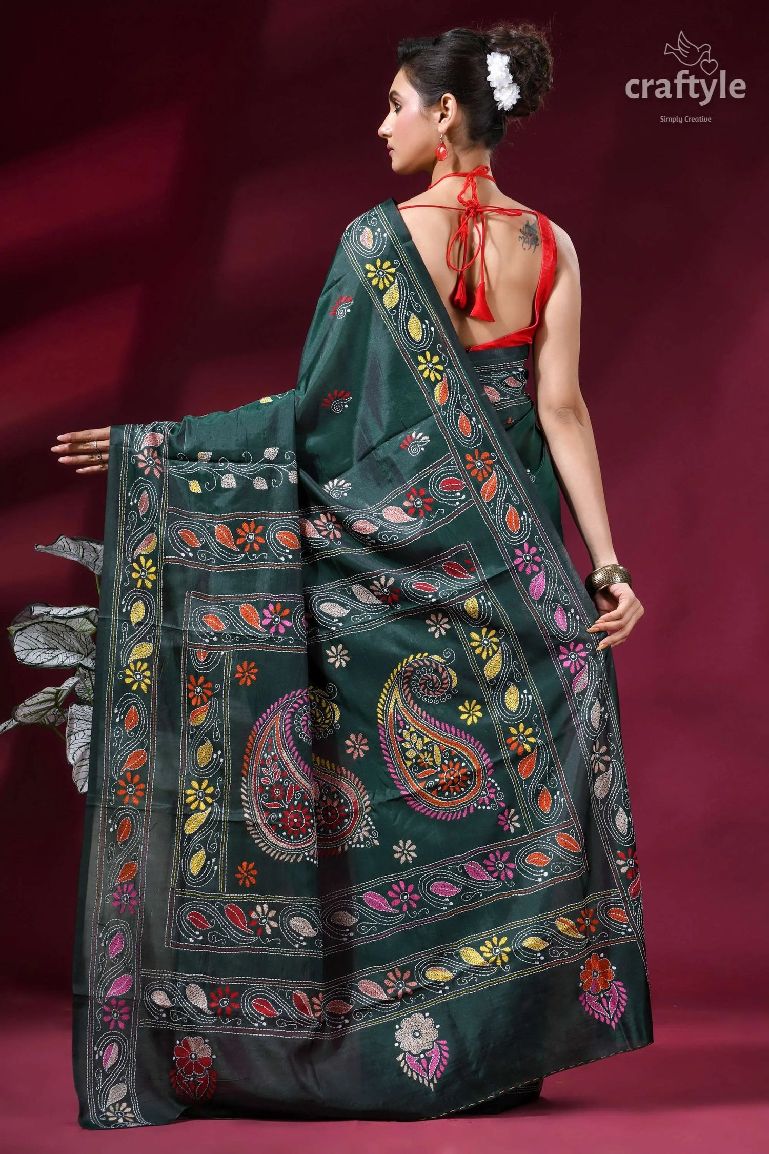 Classic hand embroidery silk kantha work saree - plantation green dark green silk saree intricate 5