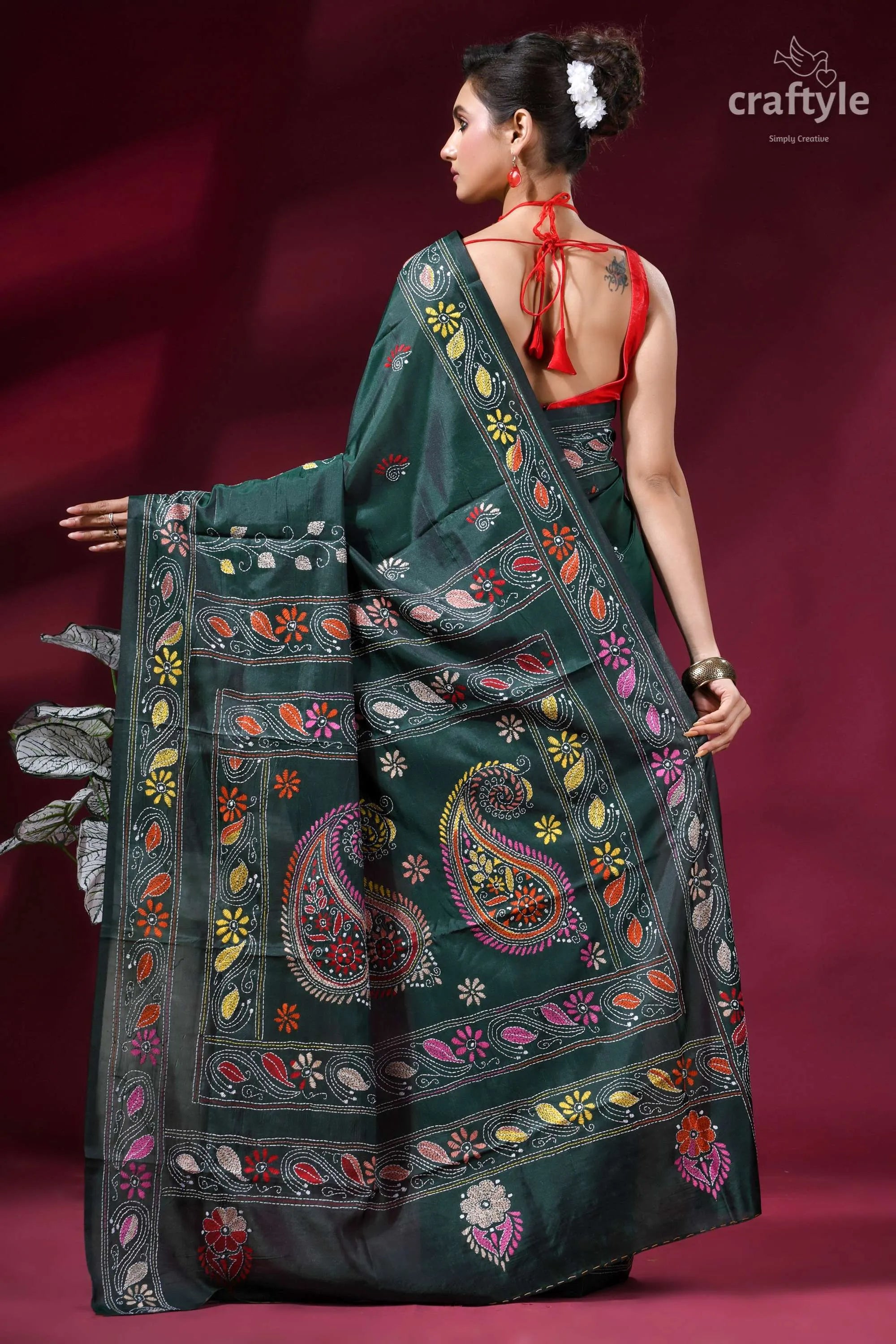 Classic hand embroidery silk kantha work saree - plantation green dark green silk saree intricate 5