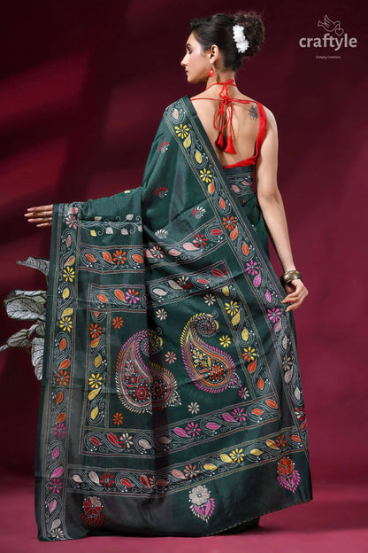 Classic hand embroidery silk kantha work saree - plantation green dark green silk saree intricate 5