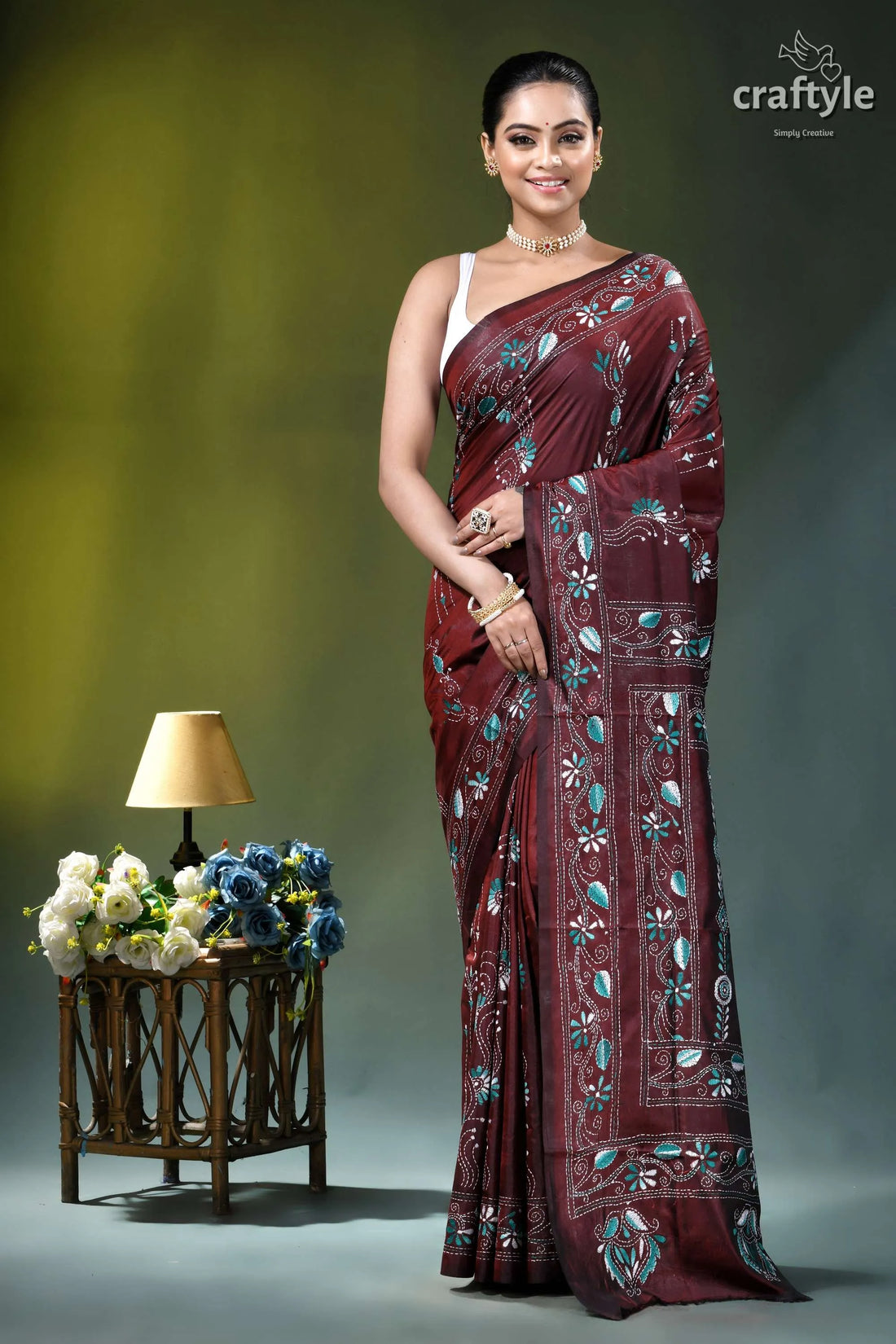 Classic kantha embroidery silk saree in cocoa bean maroon silk saree adorned intricate 1