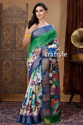 Classic peacock motif handmade zari pure tussar kalamkari saree woman colorful saree 1