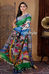 Classic Peacock Motif Handmade Zari Pure Tussar Kalamkari Saree - Craftyle