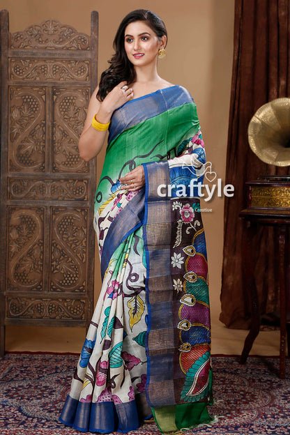 Classic Peacock Motif Handmade Zari Pure Tussar Kalamkari Saree - Craftyle