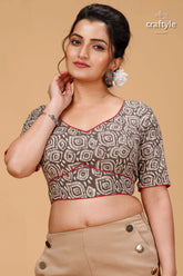 Classic spanish grey dabu print blouse - pure cotton woman brown patterned crop v-neck 1