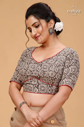 Classic spanish grey dabu print blouse - pure cotton woman patterned v-neck crop red 3