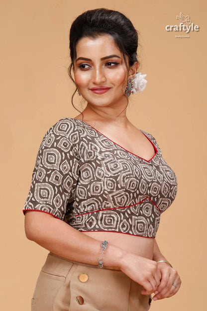 Classic spanish grey dabu print blouse - pure cotton woman brown printed blouse red 4