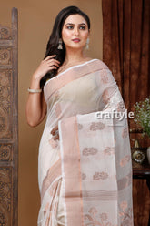 Classic Tasman White Handloom Saree with Zari Work - Elegant and Timeless-Craftyle