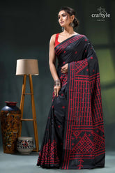 Coal black and red kutch work silk kantha saree - hand embroidery black saree red geometric patterns 4