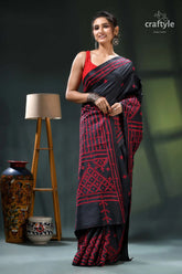 Coal black and red kutch work silk kantha saree - hand embroidery black pink saree geometric patterns 6