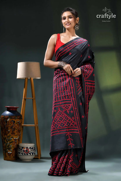 Coal black and red kutch work silk kantha saree - hand embroidery black pink saree geometric patterns 6