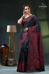 Coal black and red kutch work silk kantha saree - hand embroidery black saree red pink geometric 3