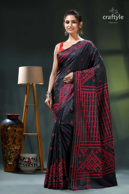 Coal black and red kutch work silk kantha saree - hand embroidery black red saree intricate white 1