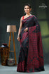 Coal black and red kutch work silk kantha saree - hand embroidery black red saree intricate white 1
