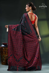 Coal black and red kutch work silk kantha saree - hand embroidery black red saree geometric pattern 5