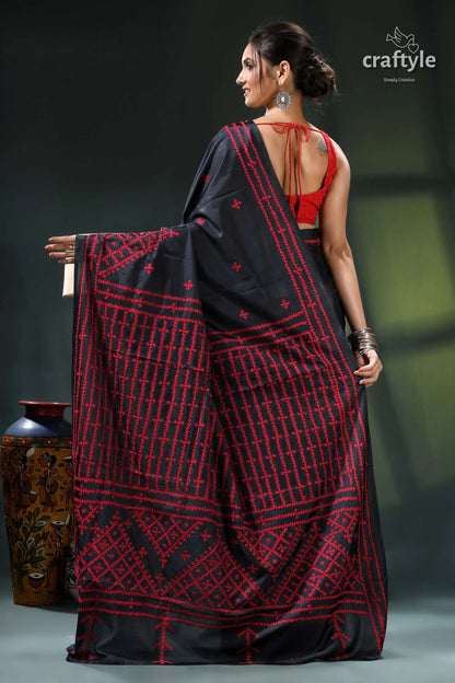 Coal black and red kutch work silk kantha saree - hand embroidery black red saree geometric pattern 5