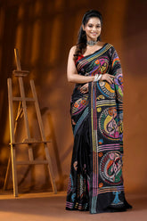 Coal black handcrafted kantha silk saree with artisanal fish motif 6