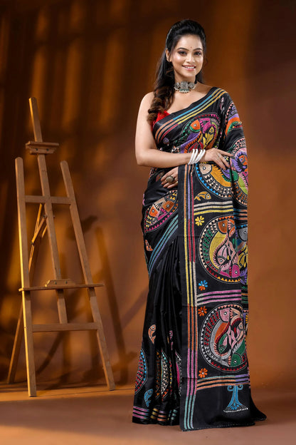 Coal black handcrafted kantha silk saree with artisanal fish motif 6