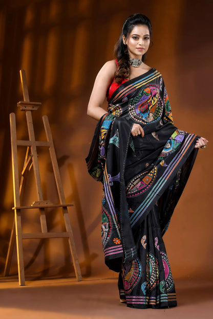 Coal black handcrafted kantha silk saree with artisanal fish motif 4