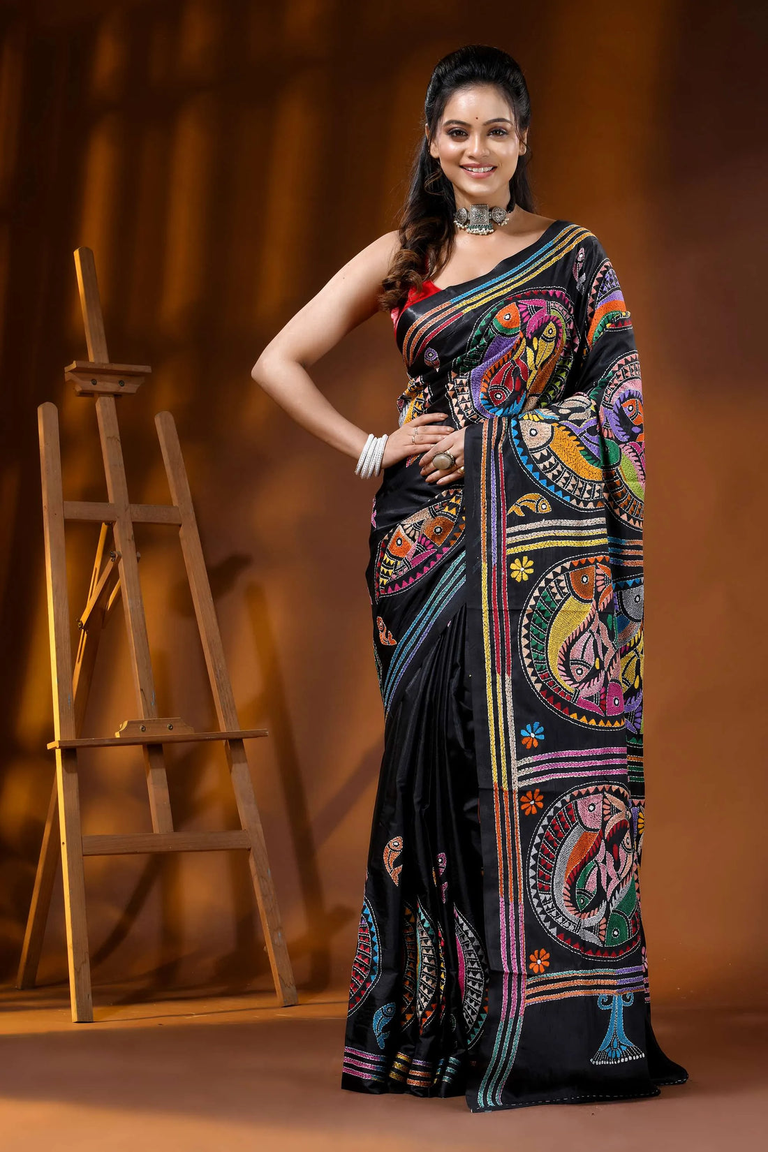 Coal black handcrafted kantha silk saree with artisanal fish motif 1