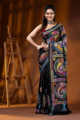 Coal black handcrafted kantha silk saree with artisanal fish motif 1