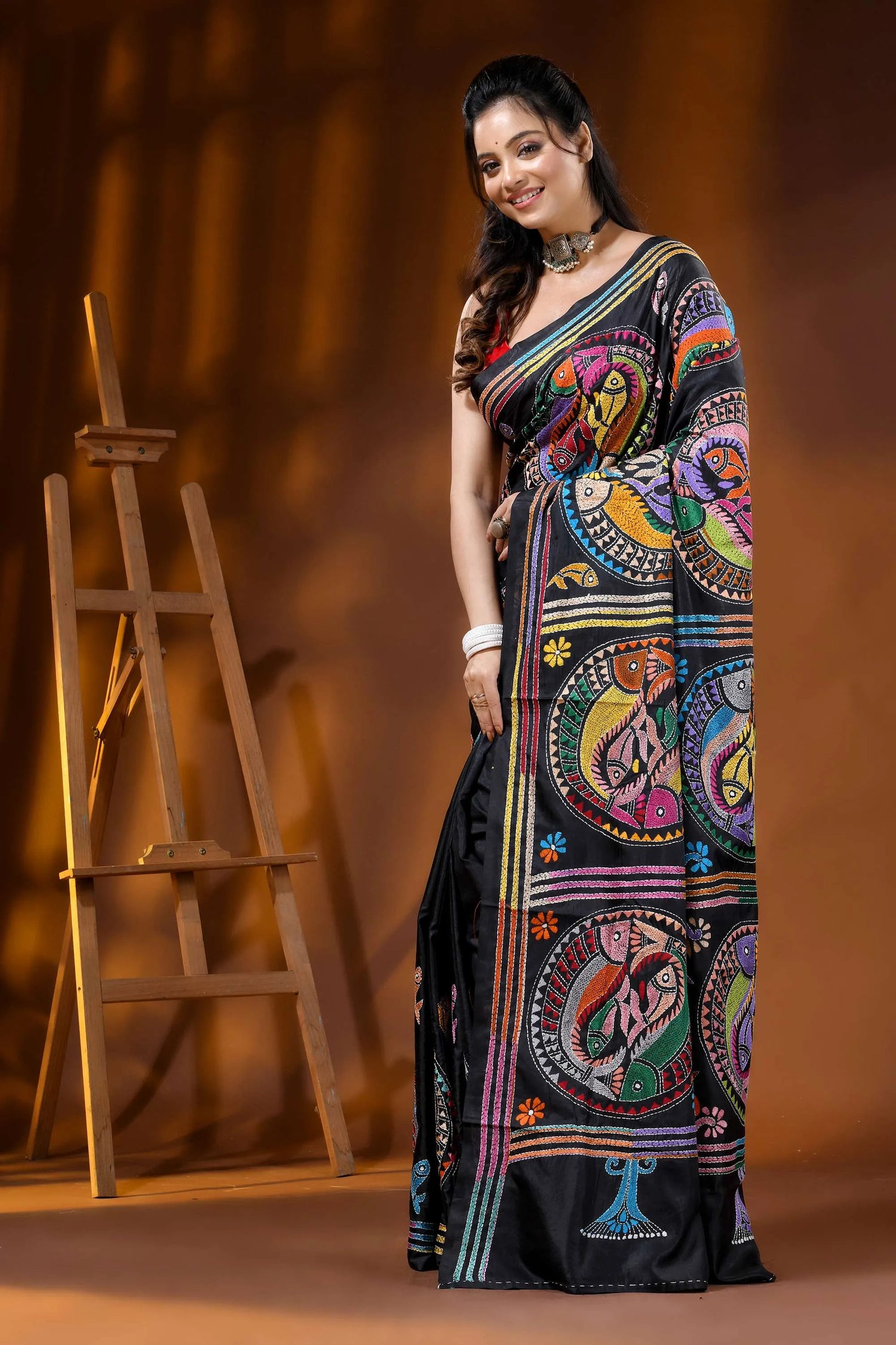 Coal black handcrafted kantha silk saree with artisanal fish motif 3