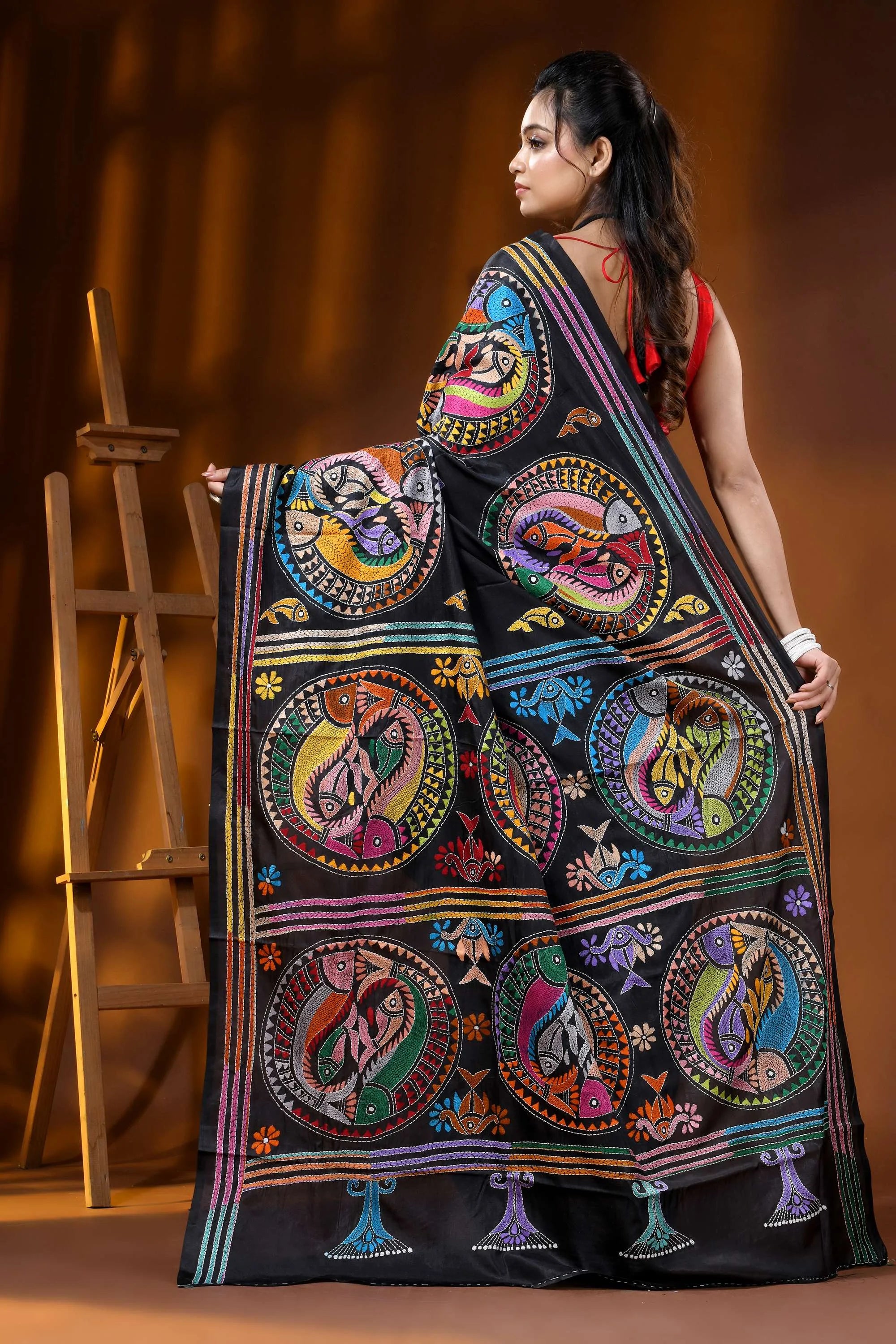 Coal black handcrafted kantha silk saree with artisanal fish motif 5