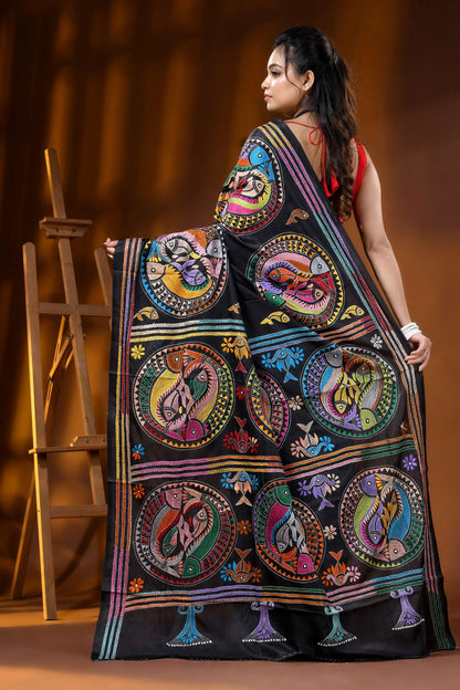 Coal black handcrafted kantha silk saree with artisanal fish motif 5