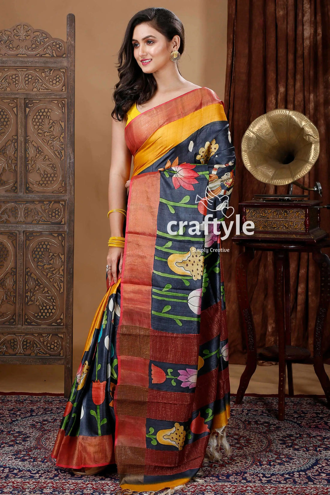 Coal black handcrafted zari border pure tussar kalamkari sari woman colorful saree 2