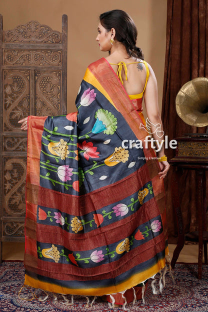 Coal Black Handcrafted Zari Border Pure Tussar Kalamkari Sari - Craftyle