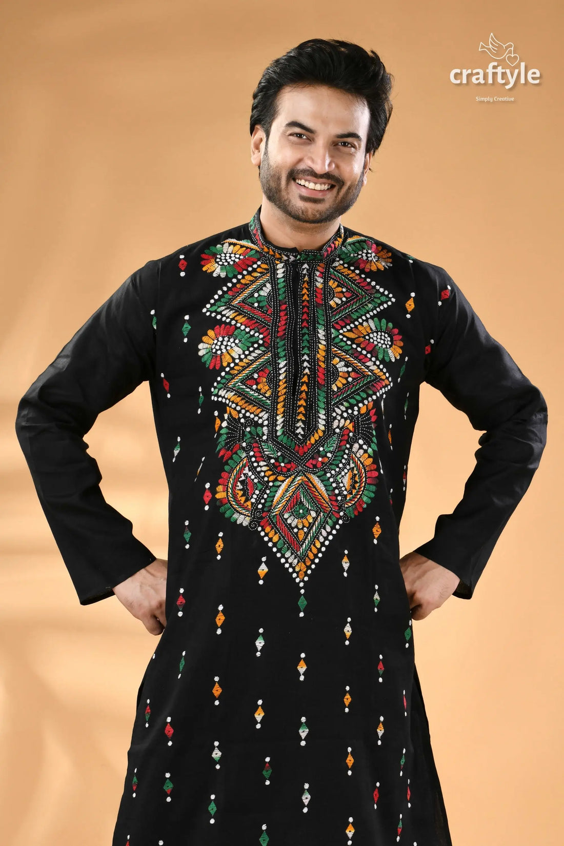 Coal black multi thread design kantha stitch cotton panjabi for men men’s black embroidered kurta colorful 2