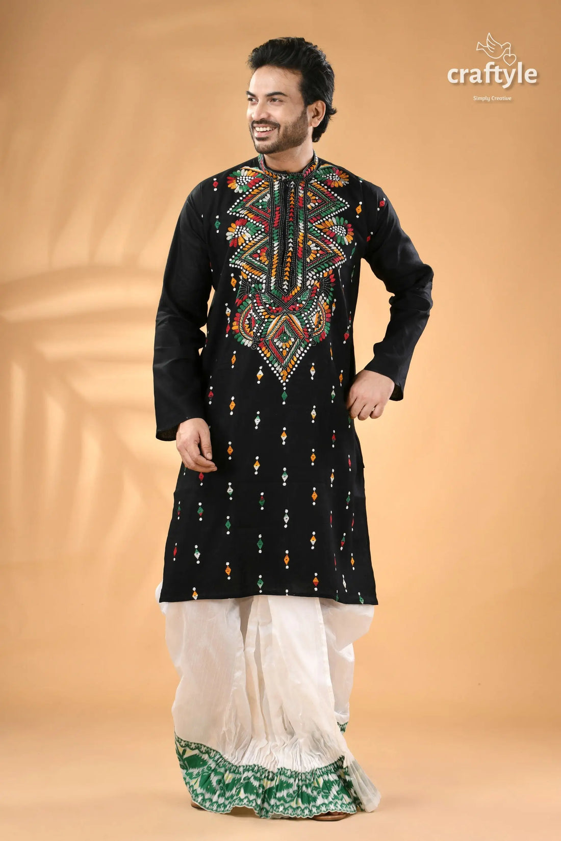 Coal black multi-thread design kantha stitch cotton panjabi for men men’s black embroidered kurta white 1