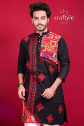 Coal black & red hand embroidered kantha stitch mens kurta men’s colorful 3