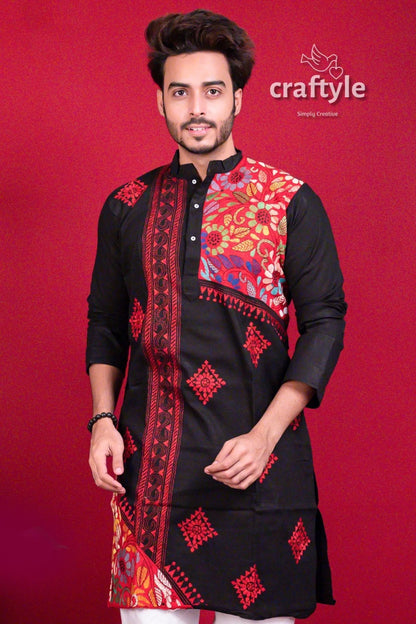 Coal black &amp; red hand embroidered kantha stitch mens kurta men’s colorful 3