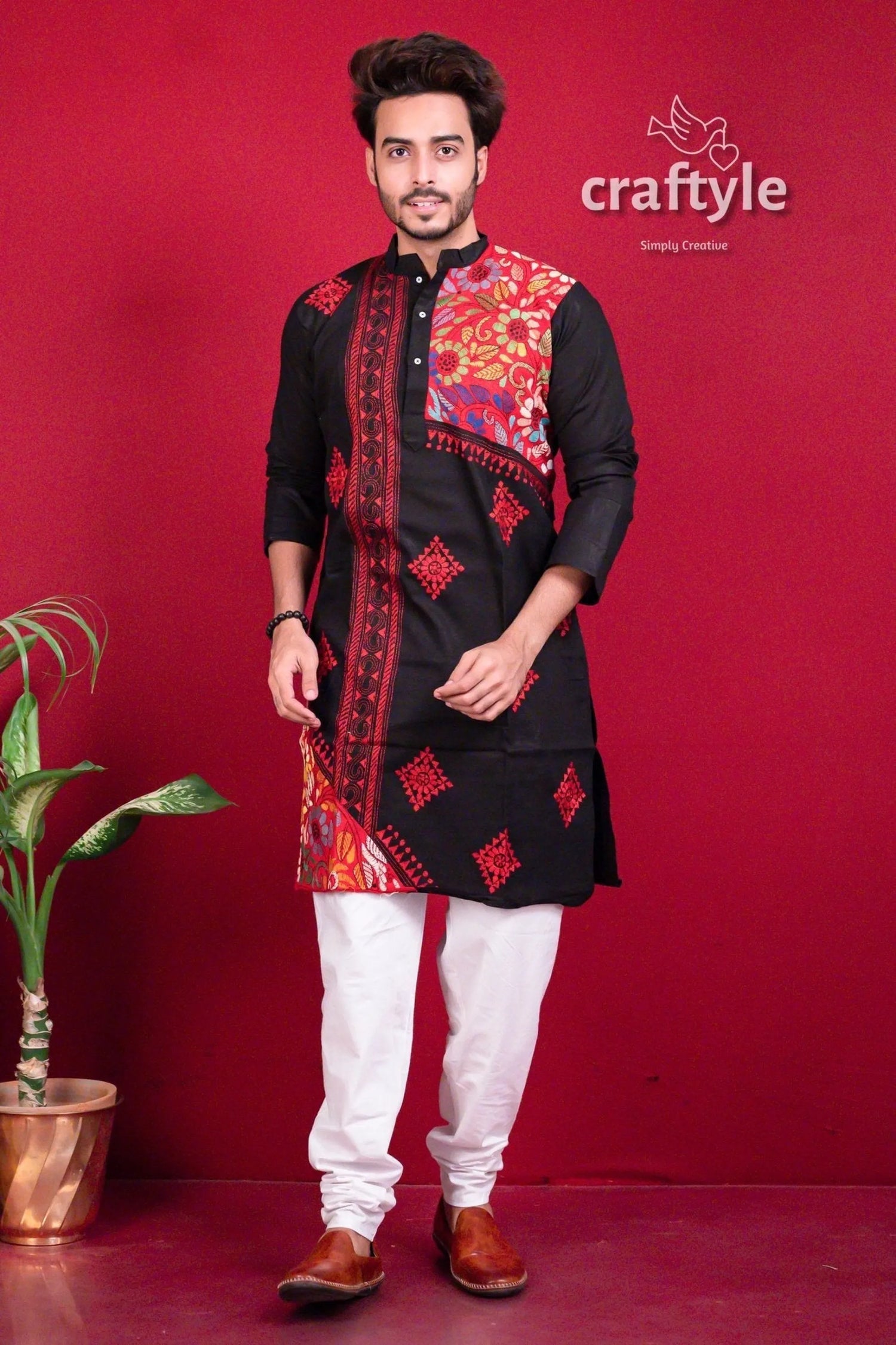 Coal black &amp; red hand embroidered kantha stitch mens kurta men’s white 5