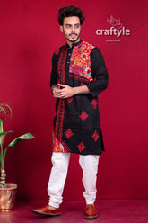 Coal black & red hand embroidered kantha stitch mens kurta men’s colorful 4
