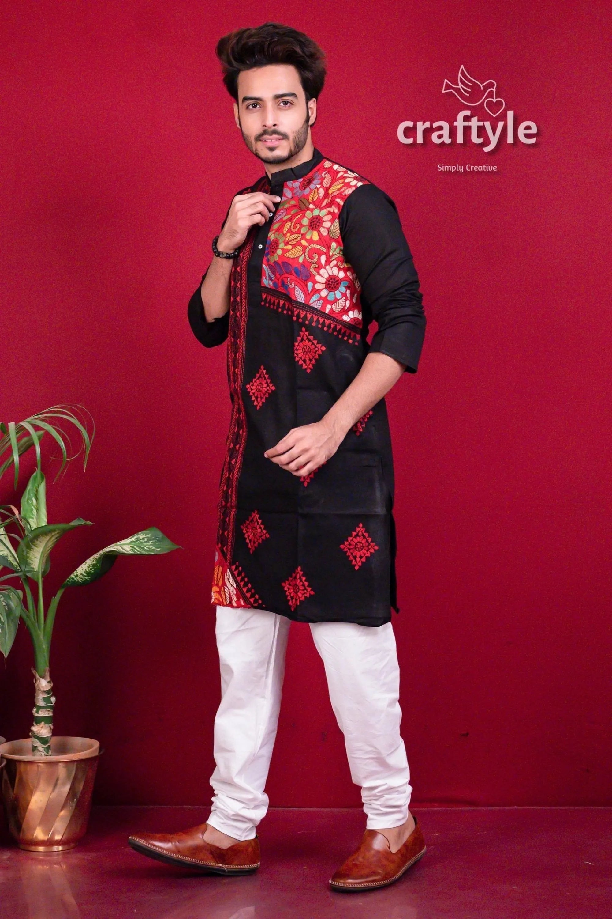 Coal black &amp; red hand embroidered kantha stitch mens kurta men’s colorful 2