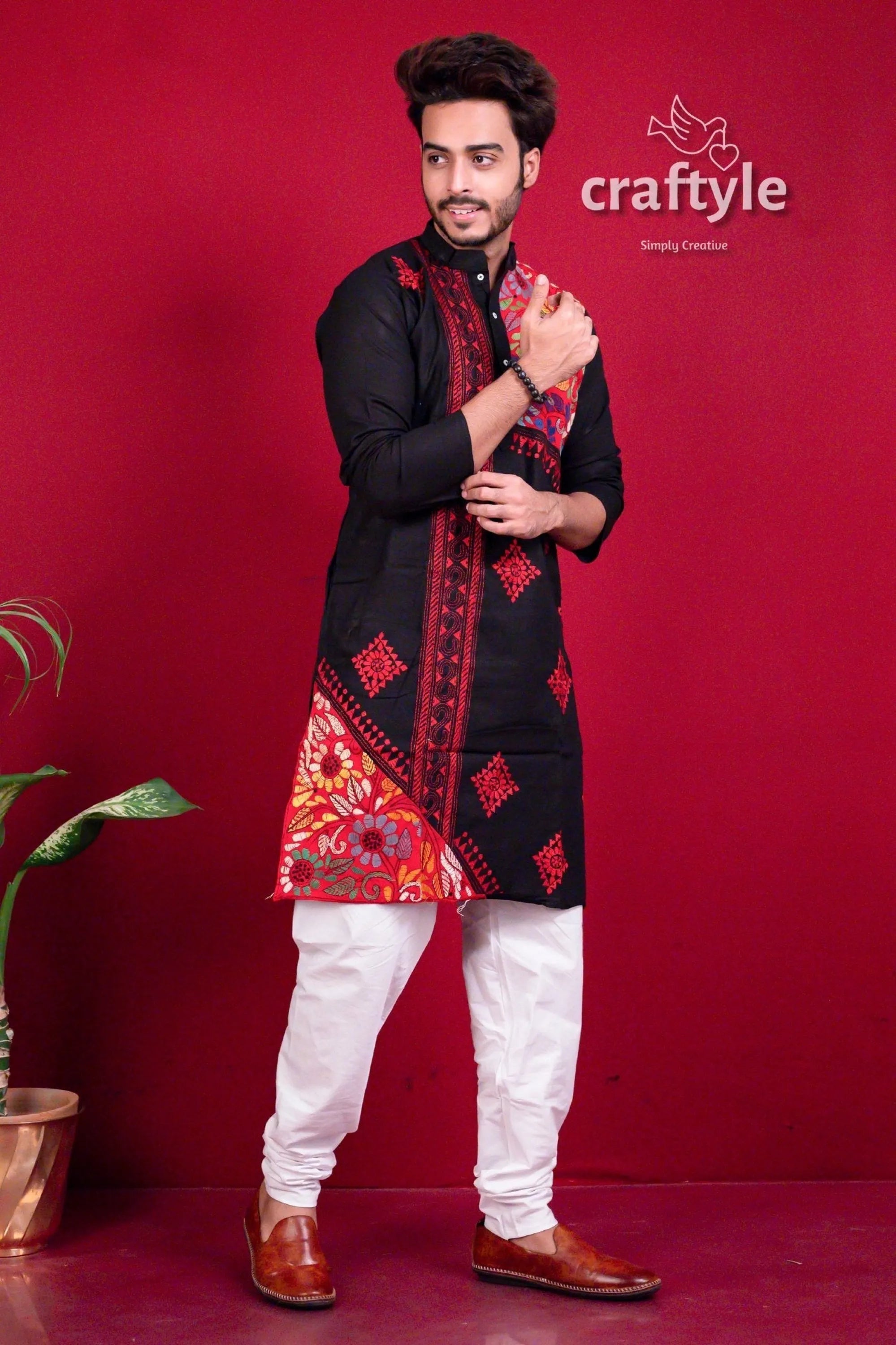 Coal black &amp; red hand embroidered kantha stitch mens kurta men’s white 1