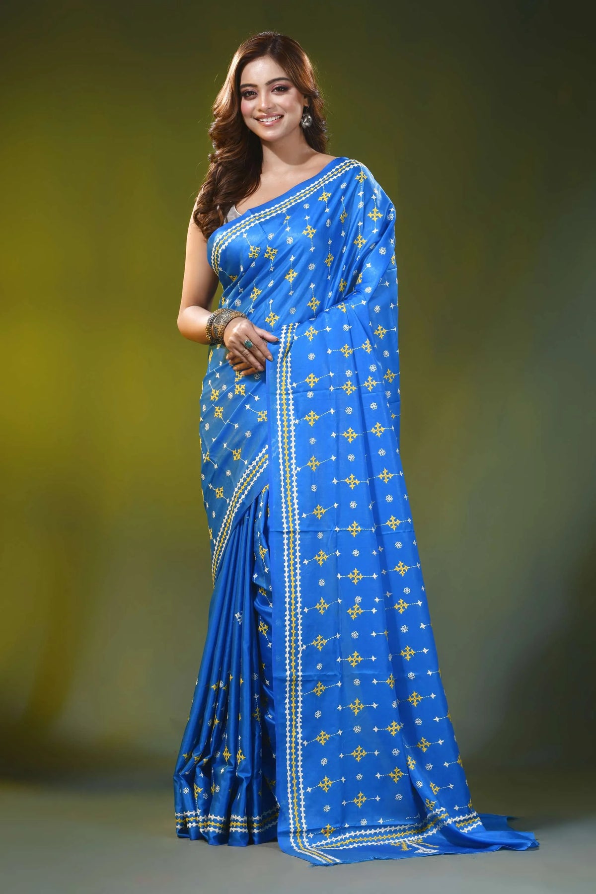 Cobalt blue ethnic motif handcrafted silk kutch work saree 1