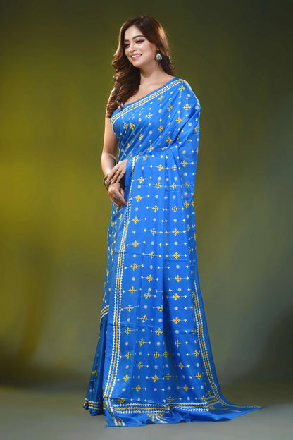 Cobalt blue ethnic motif handcrafted silk kutch work saree 3