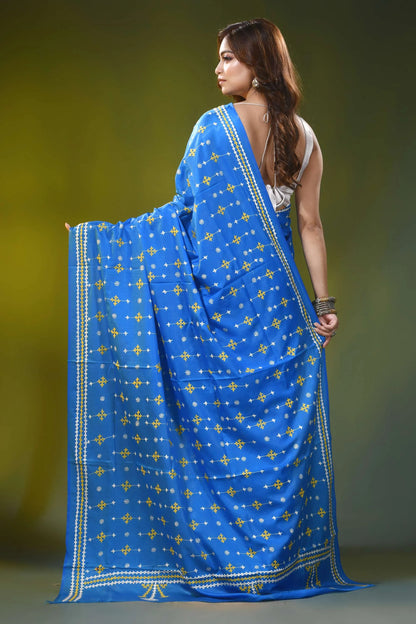 Cobalt blue ethnic motif handcrafted silk kutch work saree 4